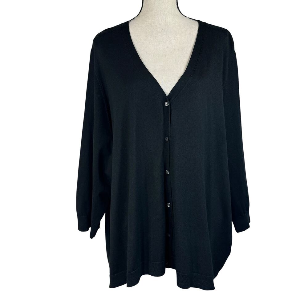 Lands' End 4X-Large Sweater Cardigan V-Neck Button-Up 3/4 Sleeve Stretch Black